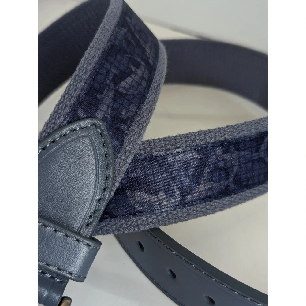 Greg Norman Mens Navy Shark Print Canvas Leather Tab Belt 36 38 Waist